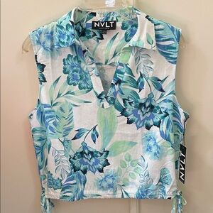 NVLT Women's Tropical Floral Sleeveless Shirt - Blue and Green